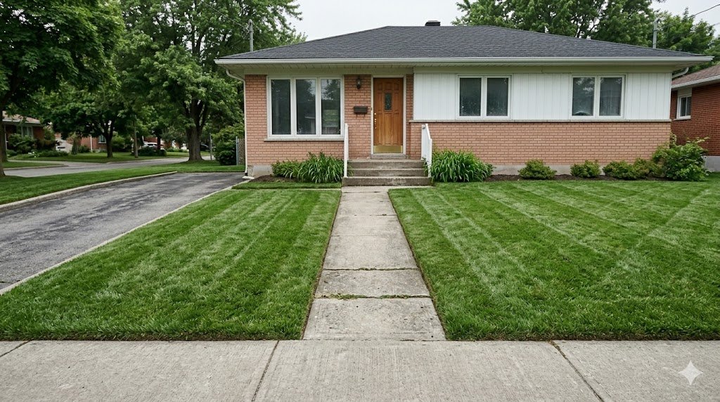 Pelouse parfaitement entretenue après le service EK&Co à Laval