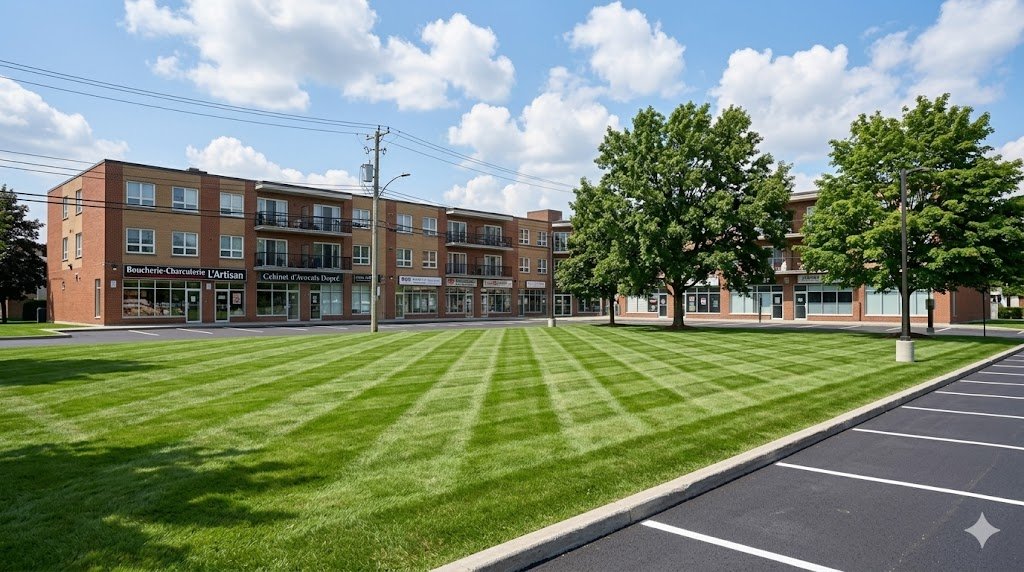 Vue aérienne de pelouses entretenues à Laval