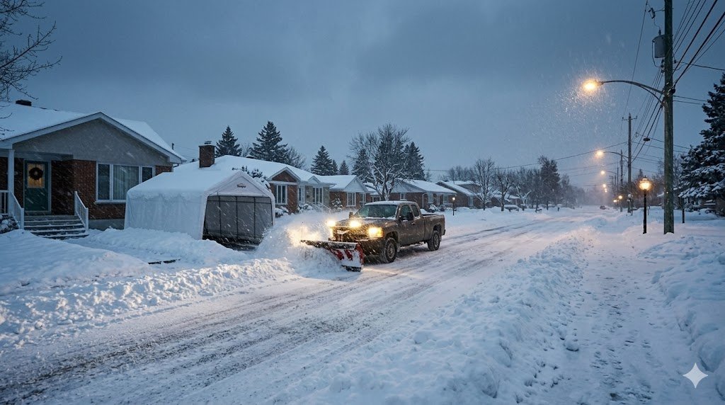 Camion de déneigement en action dans une rue résidentielle de Laval