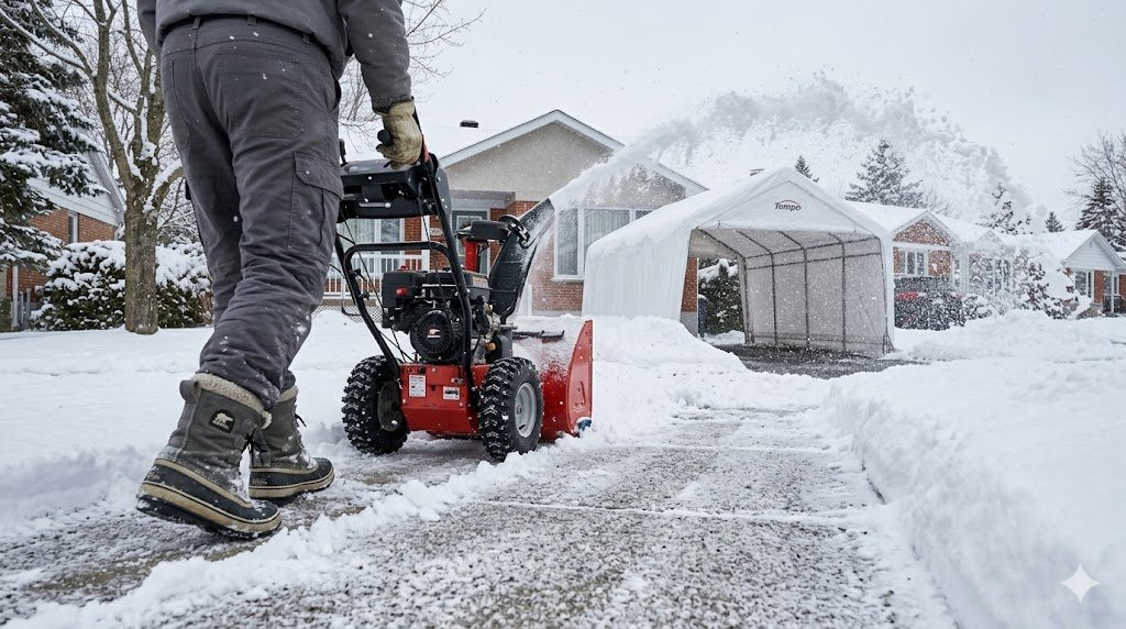 Souffleuse à neige dégageant un trottoir résidentiel à Laval