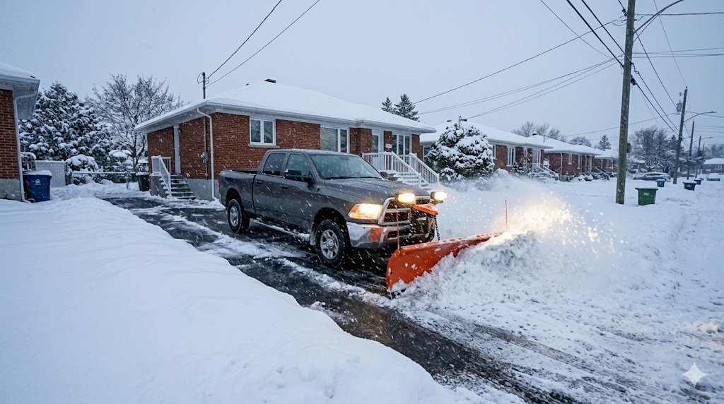 Camion de déneigement avec lame orange déblayant une entrée à Laval
