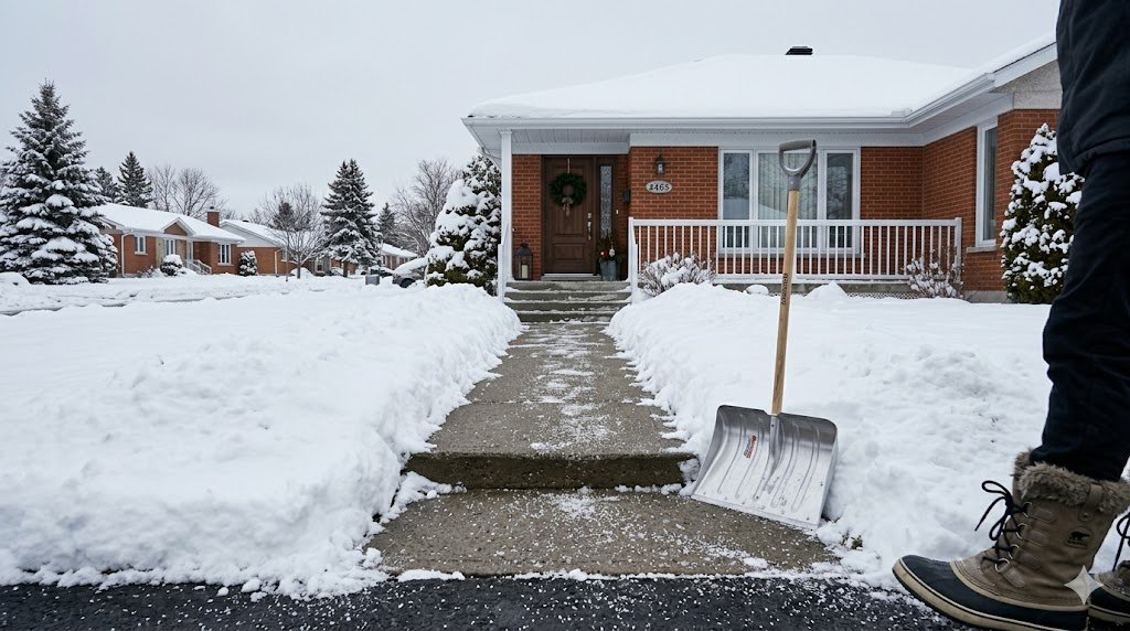 Trottoir pelleté avec pelle à neige devant un bungalow à Laval